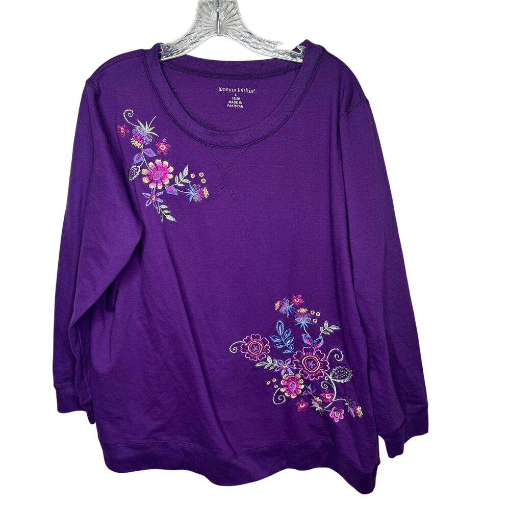 Woman Within L 18/20 Purple Floral Embroidered‎ Sweatshirt Long Sleeve Pullover